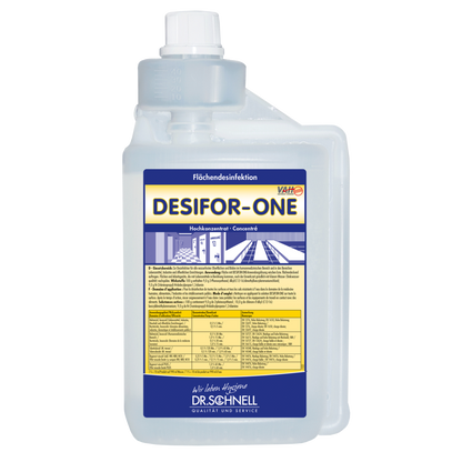 Bouteille transparente de 5L portant l'inscription "Dr. Schnell Desifor-One Désinfection de surface, à action virucide limitée PLUS" de DR.SCHNELL GmbH & Co. KGaA, avec des accents bleu/jaune, mode d'emploi en allemand, chambre de mesure intégrée et bouchon blanc.