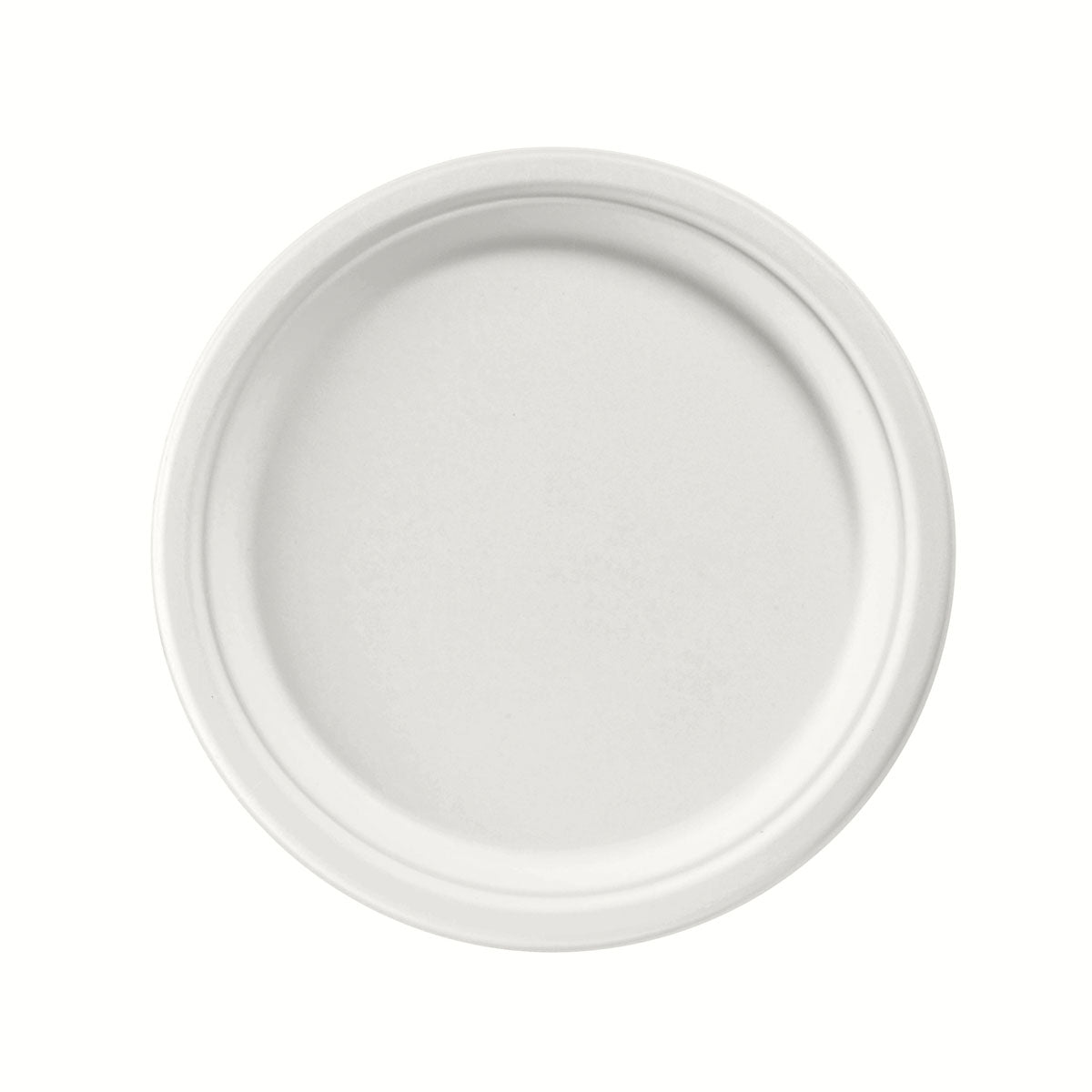 Une assiette ronde blanche ø 26 cm en bagasse non enduite de Duni GmbH (paquet de 50 pièces), biodégradable et respectueuse de l'environnement, photographiée de dessus sur fond blanc.