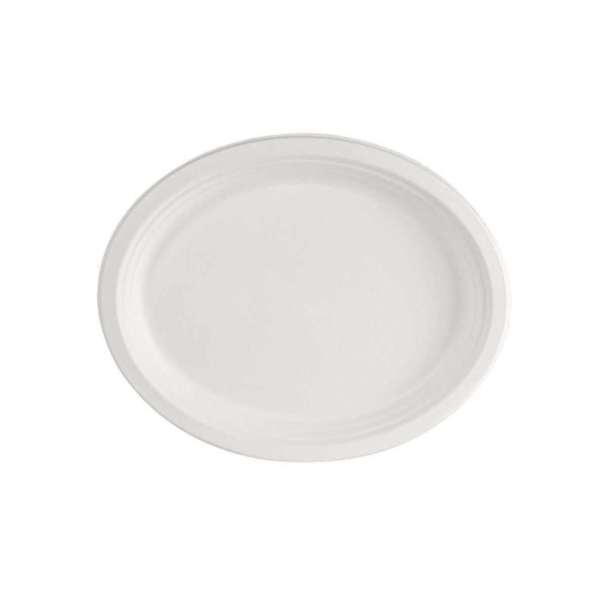 Der ovale, ungekochte Teller Weiß Bagasse 32 cm von Duni GmbH (Packung à 150 Stück) ist biologisch abbaubar, umweltfreundlich und verfügt über einen erhöhten Rand - ideal als nachhaltiges Einweggeschirr.