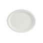 Het ovale, ongekookte bord Wit Bagasse 32 cm van Duni GmbH (verpakking à 150 stuks) is biologisch afbreekbaar, milieuvriendelijk en heeft een verhoogde rand - ideaal als duurzaam wegwerpbord.