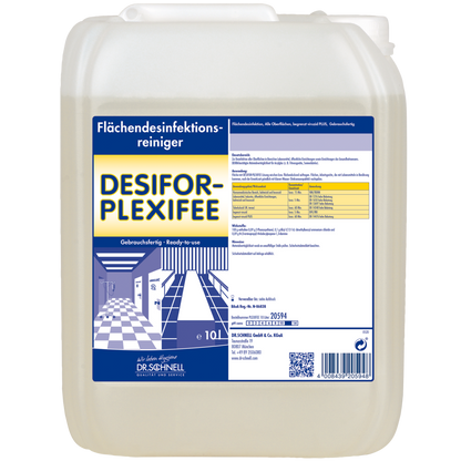 Een 10-liter kunststofcontainer van DR.SCHNELL Desifor PlexiFee Oppervlaktedesinfectiemiddel, beperkt virucide PLUS, met een blauw-wit etiket met productinformatie, toepassingsinstructies en veiligheidswaarschuwingen.