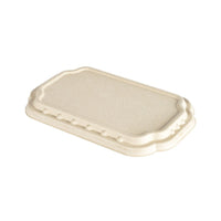 Het Duni GmbH Take-Away-vezeldeksel Natur Coated Bagasse 256x165x19 (verpakking van 225 stuks) is een beige, rechthoekig, rechtopstaand vezeldeksel – een duurzaam alternatief voor afhaalbakjes.