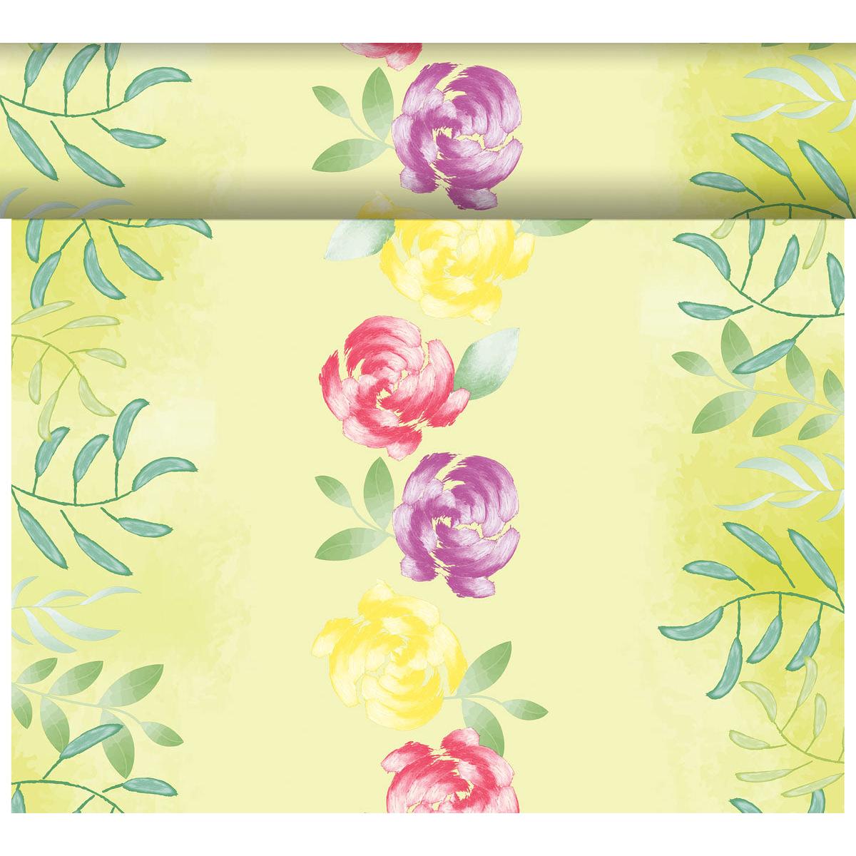 Le DC-Tete a Tete 0,4x24m de Duni GmbH présente des fleurs roses, jaunes et violettes dans un style aquarelle sur un fond jaune pâle avec des branches vertes et apporte un design moderne à votre espace - comme un ensemble de jardin pour vos murs.