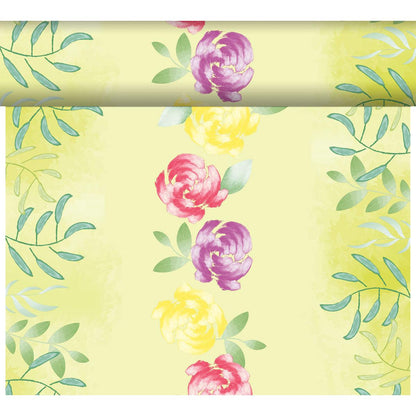 Le DC-Tete a Tete 0,4x24m de Duni GmbH présente des fleurs roses, jaunes et violettes dans un style aquarelle sur un fond jaune pâle avec des branches vertes et apporte un design moderne à votre espace - comme un ensemble de jardin pour vos murs.