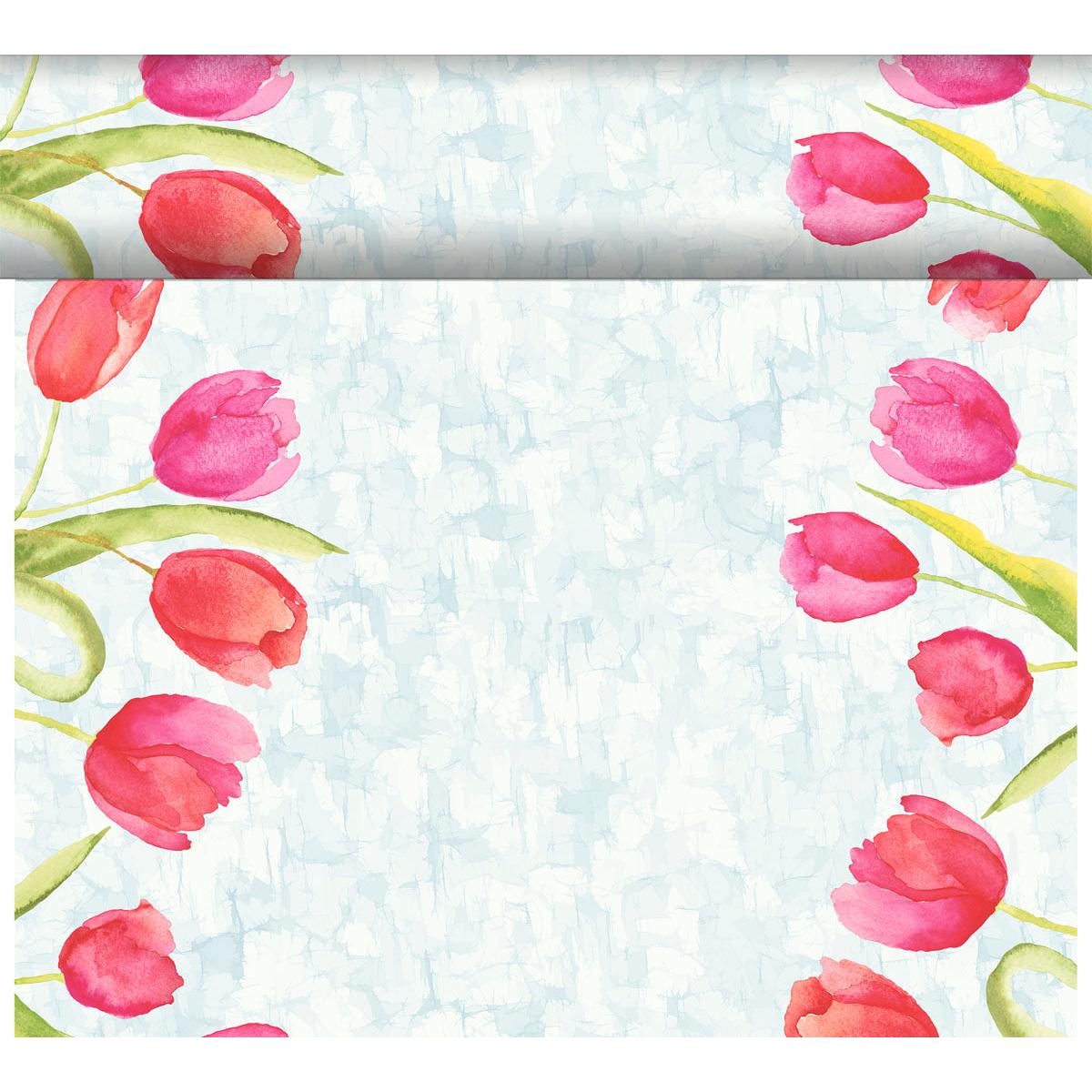 Une bordure de style aquarelle avec des tulipes roses et rouges, des feuilles vertes et un fond bleu texturé encadre un centre ouvert - parfait pour présenter votre DC-Tete a Tete 0,4x24m de Duni GmbH.
