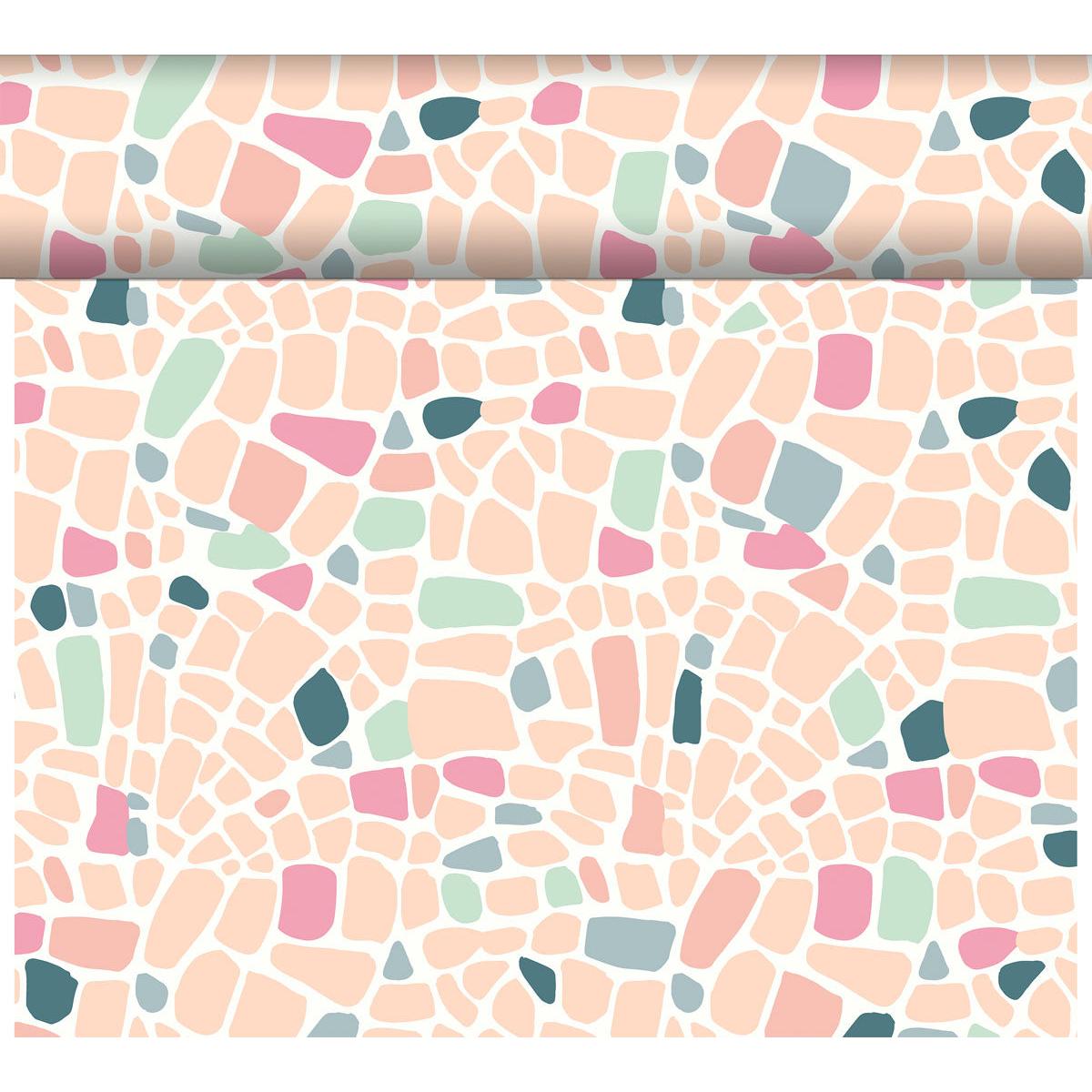 Un rouleau de DC-Tete a Tete 0,4x24m de Duni GmbH montre un motif mosaïque abstrait moderne et résistant aux intempéries en rose pastel, pêche, teal, vert menthe et crème avec des bords blancs et des formes irrégulières.