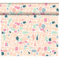 Eine Rolle DC-Tete a Tete 0,4x24m von Duni GmbH zeigt ein wetterbeständiges, modernes abstraktes Mosaikmuster in Pastellrosa, Pfirsich, Teal, Mintgrün und Creme mit weißen Rändern und unregelmäßigen Formen.