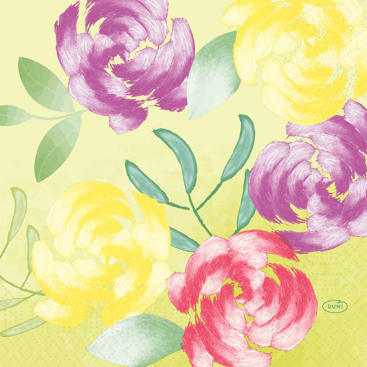De "Servetten 33 cm 3-laags Soft Tropics" van Duni GmbH tonen heldere penseelstreken met bloemen en groene bladeren op lichtgeel - ideaal voor uw tuinfeest. De verpakking bevat 50 hoogwaardige papieren servetten, elk voorzien van een subtiel blauw Duni-logo.