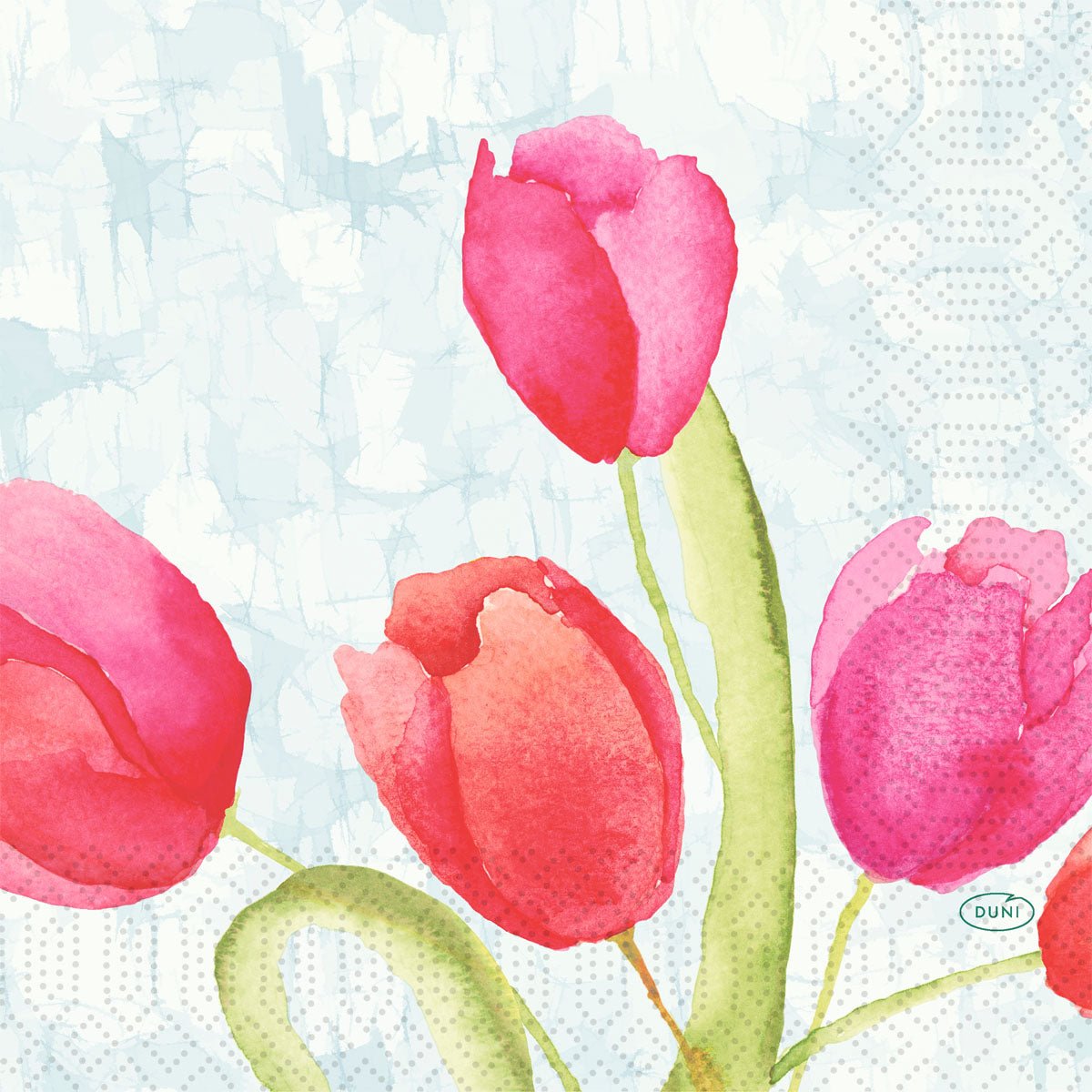 Aquarelillustratie van roze en rode tulpen met groene stelen op een lichtblauwe, gestippelde achtergrond - ideaal voor servetten 33 cm 3-laags 1/4-vouw Painted Tulips papieren servetten van Duni GmbH (verpakking, 250 stuks).