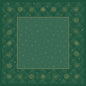 Die Bio-Dunicel-Mitteldecke 84x84cm Rhombus grün von Duni GmbH hat ein quadratisches, biologisch abbaubares, grünes Design mit einem goldenen Schneeflocken-Gitterrand und einer einfarbigen Mitte, die mit verstreuten goldenen Punkten und Sternen verziert ist. Packung: 20 Stück.