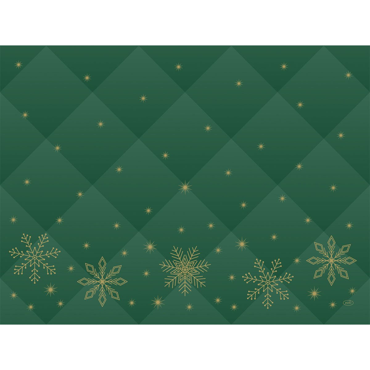 Breng elegantie op uw tafel met de Duni GmbH papieren placemats 30x40cm Ruit groen. Met een gewatteerd ruitpatroon, gouden sneeuwvlokken en delicate gouden sterren - vooral aan de onderkant. De verpakking bevat 250 stuks.