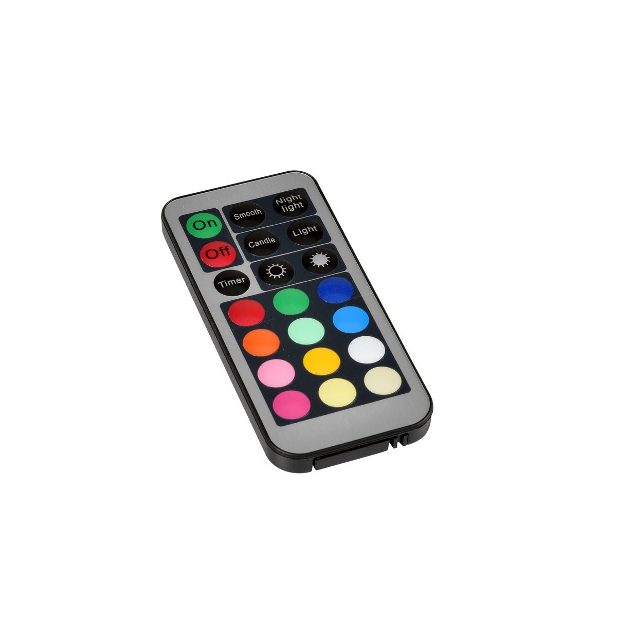 La télécommande LED Duni GmbH, multi - Contrôle universel pour l'éclairage LED (1 pièce) dispose de boutons pour l'alimentation, le minuteur, les modes d'éclairage, le réglage de la luminosité et 12 options de couleur dans un design noir avec bord gris et boutons colorés.