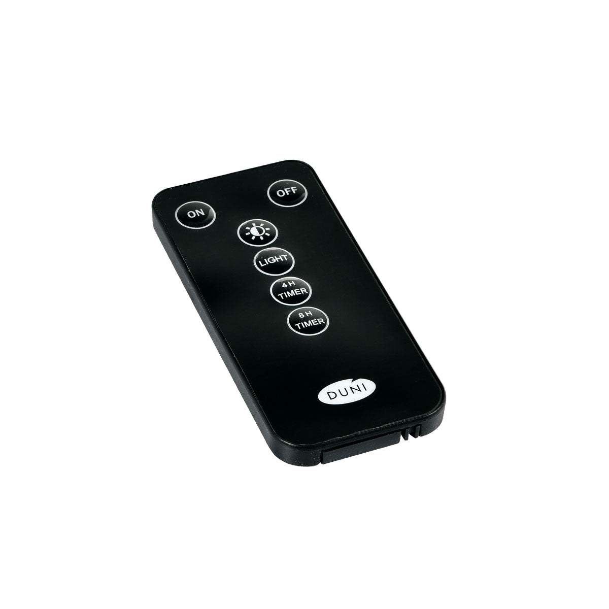 De Duni GmbH LED-afstandsbediening reserveonderdeel voor TV en verlichting (1 stuk) heeft zes ronde knoppen - ON, OFF, LIGHT, 4H TIMER, 8H TIMER en DUNI - die in een raster zijn gerangschikt voor een nauwkeurige lichtregeling.