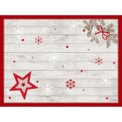 Das Dunicel-Sets 30x40 von Duni GmbH ist ein rechteckiges Einweg-Tischset in weißer Holzoptik mit rot-weißen Sternen, Schneeflocken, Tannenzapfen mit rot-grüner Schleife und roter Umrandung als Akzent.