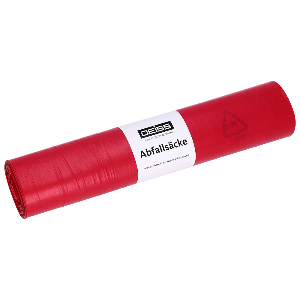 Eine Rolle EMIL DEISS KG (GmbH + Co.) DEISS 21011 Müllsäcke, 700x1100 mm, Typ 60, rot (25 Stück), mit weißem "DEISS Abfallsäcke"-Etikett und Recycling/LDPE-Symbolen. Ideal für den Oberflächenschutz. Abgebildet auf hellem Hintergrund.