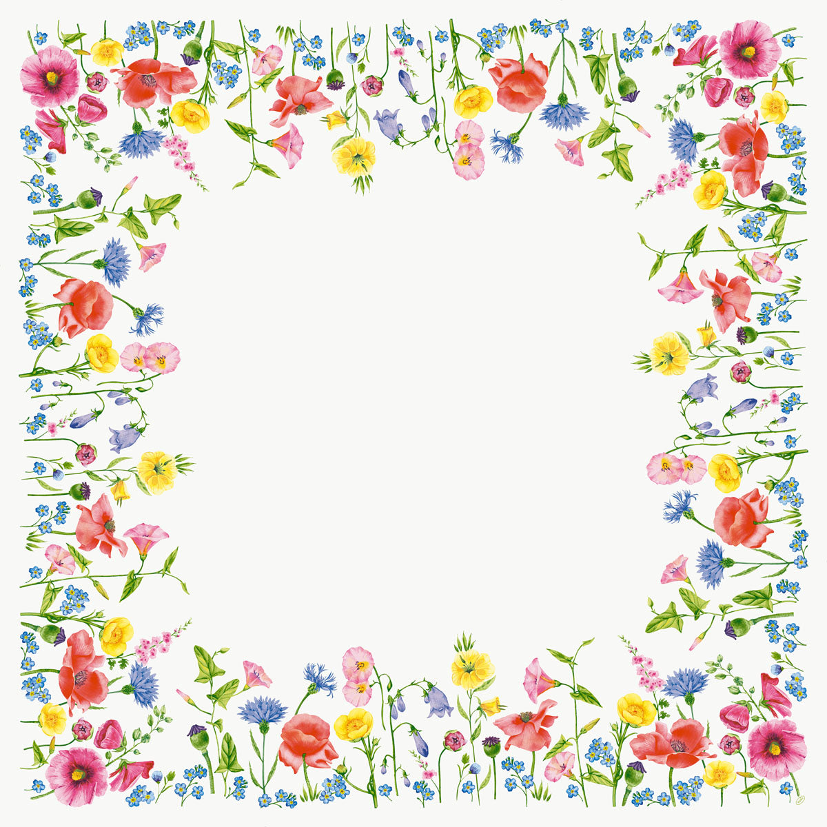 Eine rechteckige Bordüre mit farbenfrohen Wildblumen im Flowy Meadow Design von Duni GmbH umrahmt eine freie Fläche, ideal um das umweltfreundliche Bio-Dunicel-Mitteld.84x84 Flowy Meadow 20P. | Packung (20 Stück) mit lebendiger Eleganz.