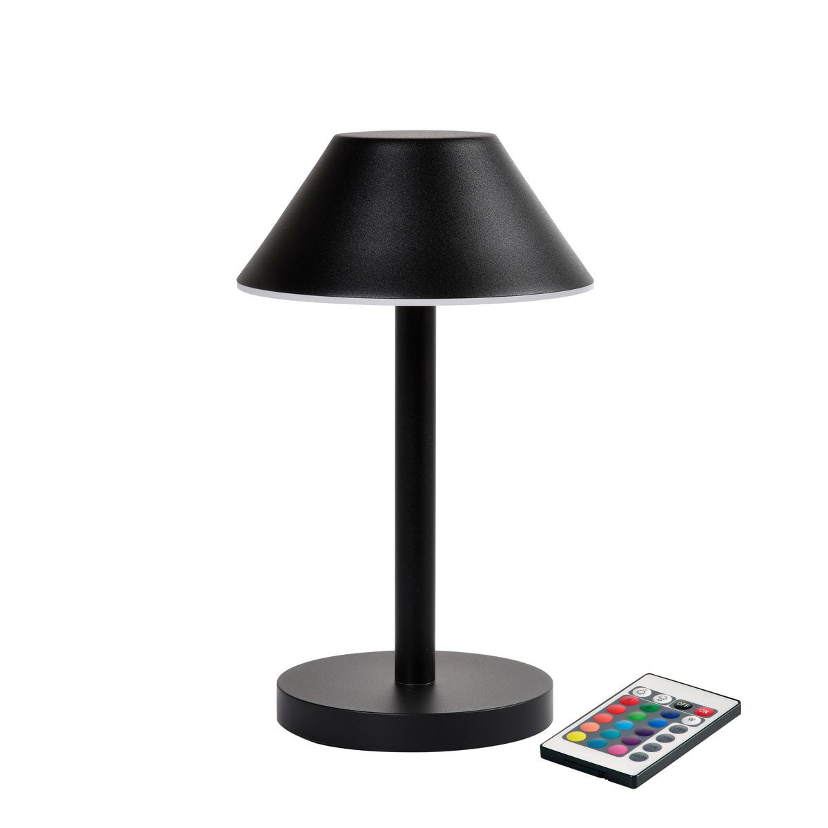 De LED-lamp Zelda Midi van Duni GmbH in modern grafietdesign met ronde voet en conische kap staat naast een afstandsbediening met kleurrijke knoppen - de ideale, energiezuinige verlichtingsoplossing.