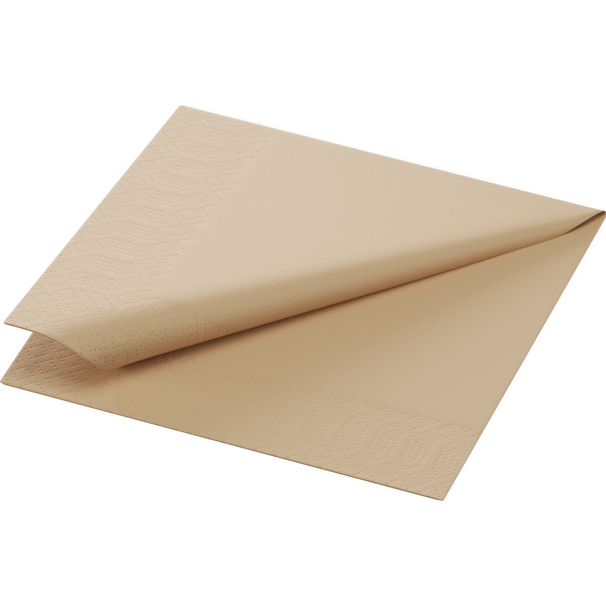 Een celldoekje 24x24 2lg. 1/4 F.natuurlijk bruin, ongebleekt van Duni GmbH, diagonaal gevouwen met geperste rand, ligt op een witte achtergrond.