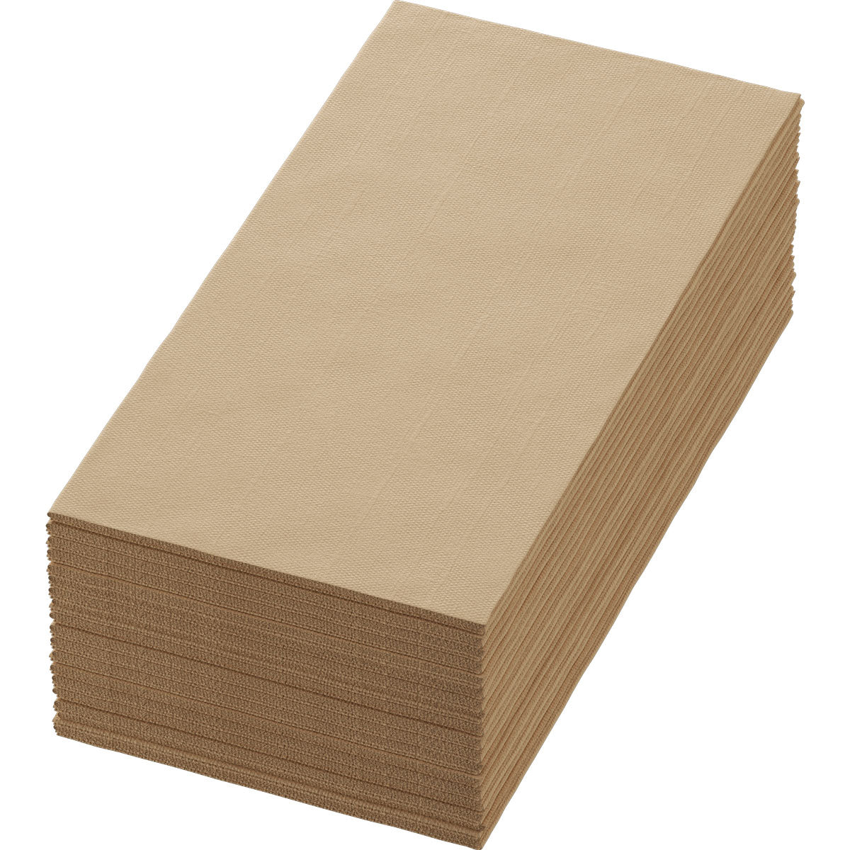 Une pile soigneusement empilée de serviettes Bio-Dunisoft de Duni GmbH 40x40 cm 1/4 pli brun naturel serviettes en papier (paquet, 60 pièces) en forme rectangulaire sur fond blanc.