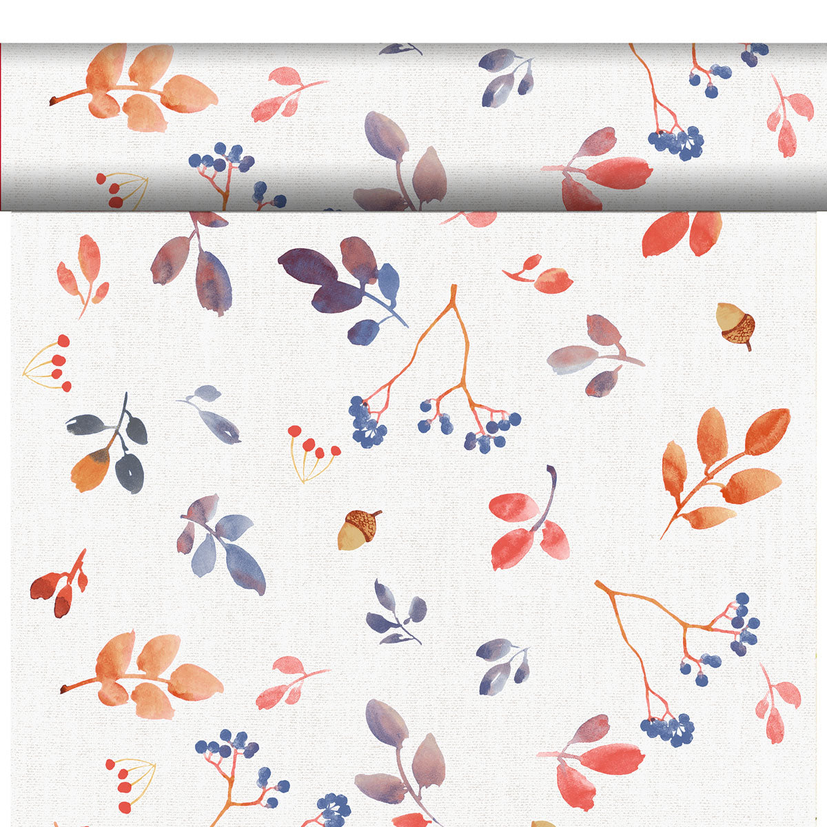 Der Bio-Dunicel Tete-a-Tete Tischläufer 0,4x24m von Duni GmbH zeigt ein nahtloses weißes Gewebe mit lebhaften Aquarell-Herbstblättern, Beeren, Eicheln und Zweigen - ideal, um Ihren Tisch mit umweltbewusstem Stil zu schmücken.