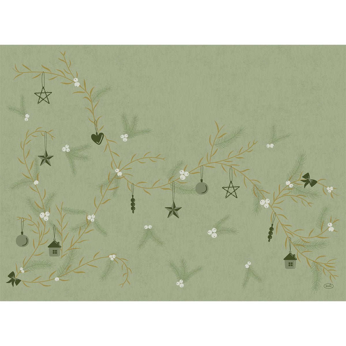Les ensembles Bio-Dunicel 30x40 Noel pistache de Duni GmbH présentent des branches décoratives avec des ornements, des étoiles, des cœurs, des nichoirs et des baies blanches sur un fond vert foncé - parfait pour une table élégante et durable. Paquet (100 pièces).