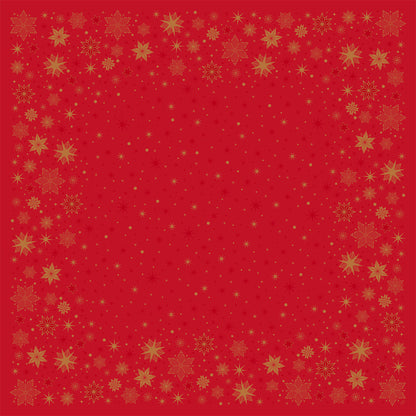 Ein roter Hintergrund mit einer goldenen Schneeflocken- und Sternenbordüre hebt Ihre Dunisilk(Plus)-Mitteldecke 84x84 von Duni GmbH hervor. Die meist klare Mitte mit goldenen Punkten ist ideal für festliche, wasserabweisende Tischdekoration.