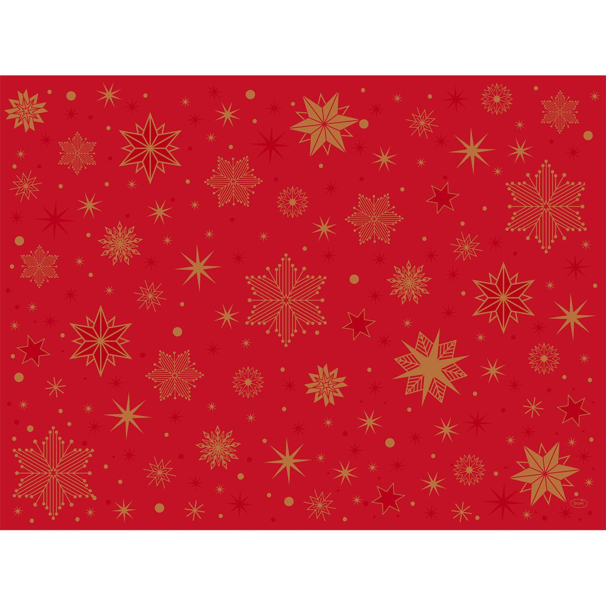 De Duni GmbH papieren placemats 30x40 cm in Stargazing rood zijn versierd met gouden sneeuwvlokken en sterren voor een feestelijke sfeer - ideaal voor feesten, verkrijgbaar in een verpakking van 250 stuks.