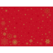 Die Bio-Dunicel Servietten 30x40 cm von Duni GmbH in Rot zeigen goldene Schneeflocken und Sterne, perfekt verteilt für festliche Stimmung - ideal für Stargazing Events. Packung mit 100 Stück.