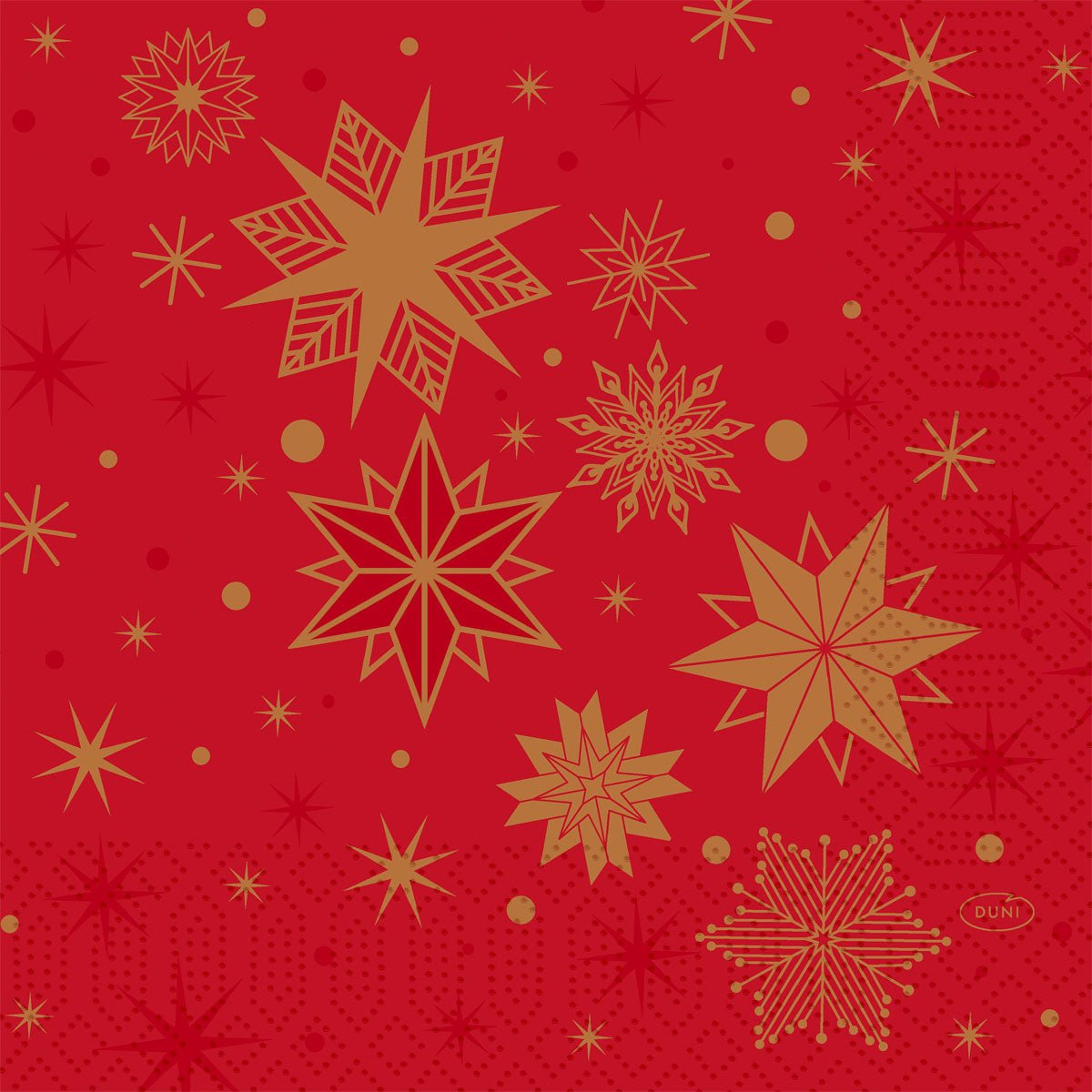 Les serviettes Duni GmbH 1/4 pli, 33x33 cm en rouge "Stargazing" ont un fond rouge avec des étoiles dorées, des flocons de neige, des points et des motifs géométriques - idéales pour les occasions festives. Paquet de 250 pièces.