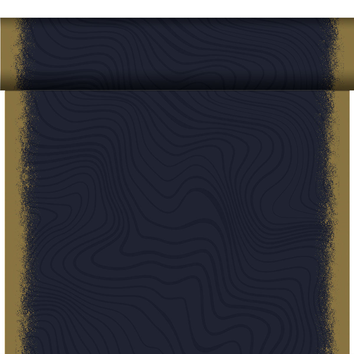 Das Bio-Dunicel-Tete a Tete 0,4x24m von Duni GmbH ist eine dunkelblaue Schriftrolle mit goldenen Rändern und subtilen Wellenlinien, die teilweise ausgerollt ist und vor einem weißen Hintergrund liegt - wie eine umweltfreundliche Tischdecke.