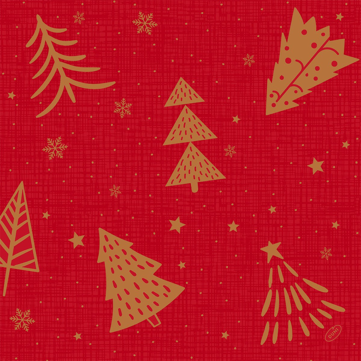 De Duni GmbH servetten 40x40 cm 4-laags Klassiek Shimmer Bomen hebben een rode achtergrond met een raster, goud glinsterende bomen, hulst, sterren en sneeuwvlokken - een feestelijke keuze voor uw kersttafel. De verpakking bevat 50 servetten.