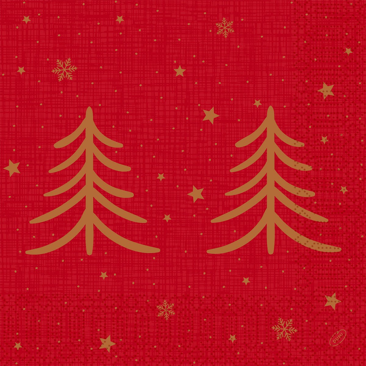 Les serviettes 40x40 3 plis 1/4 Shimmer Trees (paquet, 250 pièces) de Duni GmbH montrent deux arbres scintillants dorés sur un fond rouge à motifs avec des étoiles dorées et des flocons de neige - idéales pour apporter de l'élégance à toute table festive.