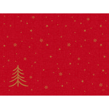 Papieren placemats 30x40cm Shimmer Trees van Duni GmbH: Rood ontwerp met subtiel patroon, gouden kerstboom linksonder, gouden sterren en sneeuwvlokken - ideaal voor feestelijke tafeldecoratie. Verpakking van 250 stuks.