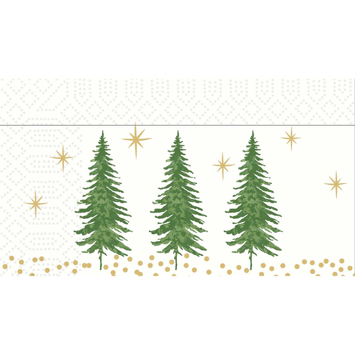 Les "Serviettes Distributeur 33 2 couches Humble Trees" de Duni GmbH présentent quatre sapins verts avec des accents dorés sur un fond blanc à motifs, parfaits pour ajouter une touche festive. Le paquet contient 300 pièces.