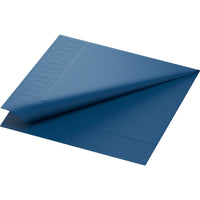 Twee ongevouwen blauwe cellulose servetten van Duni GmbH, drielaags (40 x 40 cm, 1/4-vouw), liggen op elkaar gestapeld en hebben gestructureerde randen.