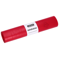 Un rouleau EMIL DEISS KG (GmbH + Co.) DEISS 21720 de sacs poubelle, 575 x 1 000 mm, de couleur rouge, 25 sacs par rouleau, munis d'une étiquette blanche portant la mention « DEISS Abfallsäcke » et des symboles de recyclage, le tout sur un fond blanc uni.