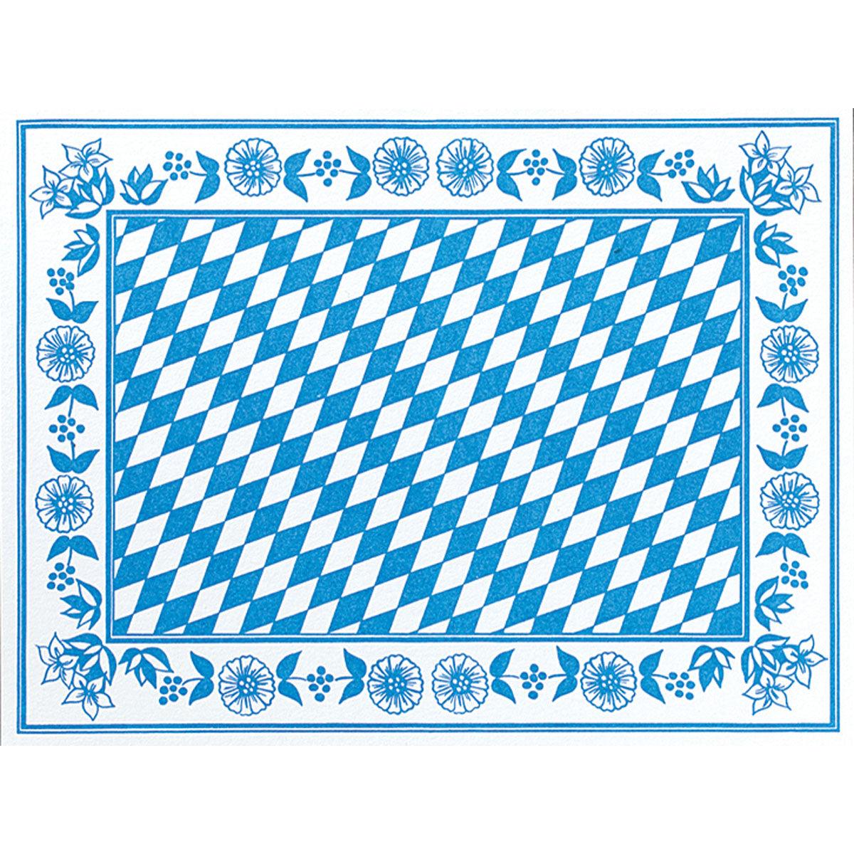 Die Dunicel Tischsets 30x40 cm Bayer Raute von Duni GmbH zeigen ein blau-weißes Rautenmuster mit blauen Blüten und Blättern auf weißem Hintergrund - perfekt für elegante Anlässe. Packung mit 100 Stück.