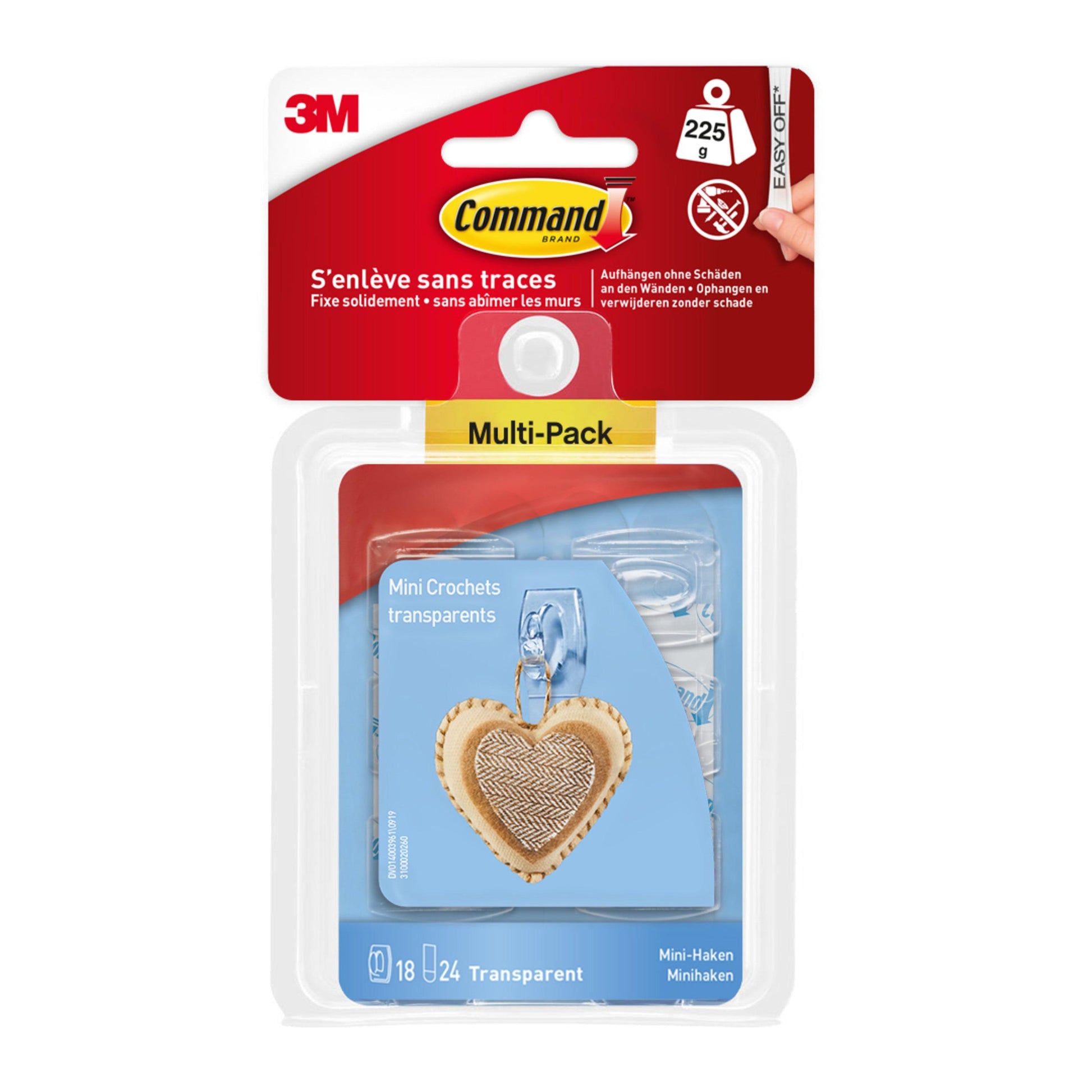 Der Command™ Mini-Haken, transparent (17006CLRFGN) von 3M Deutschland GmbH, kommt in einer Packung mit 18 Haken und 24 transparenten Streifen. Die Verpackung zeigt einen Haken, der ein herzförmiges Ornament hält.