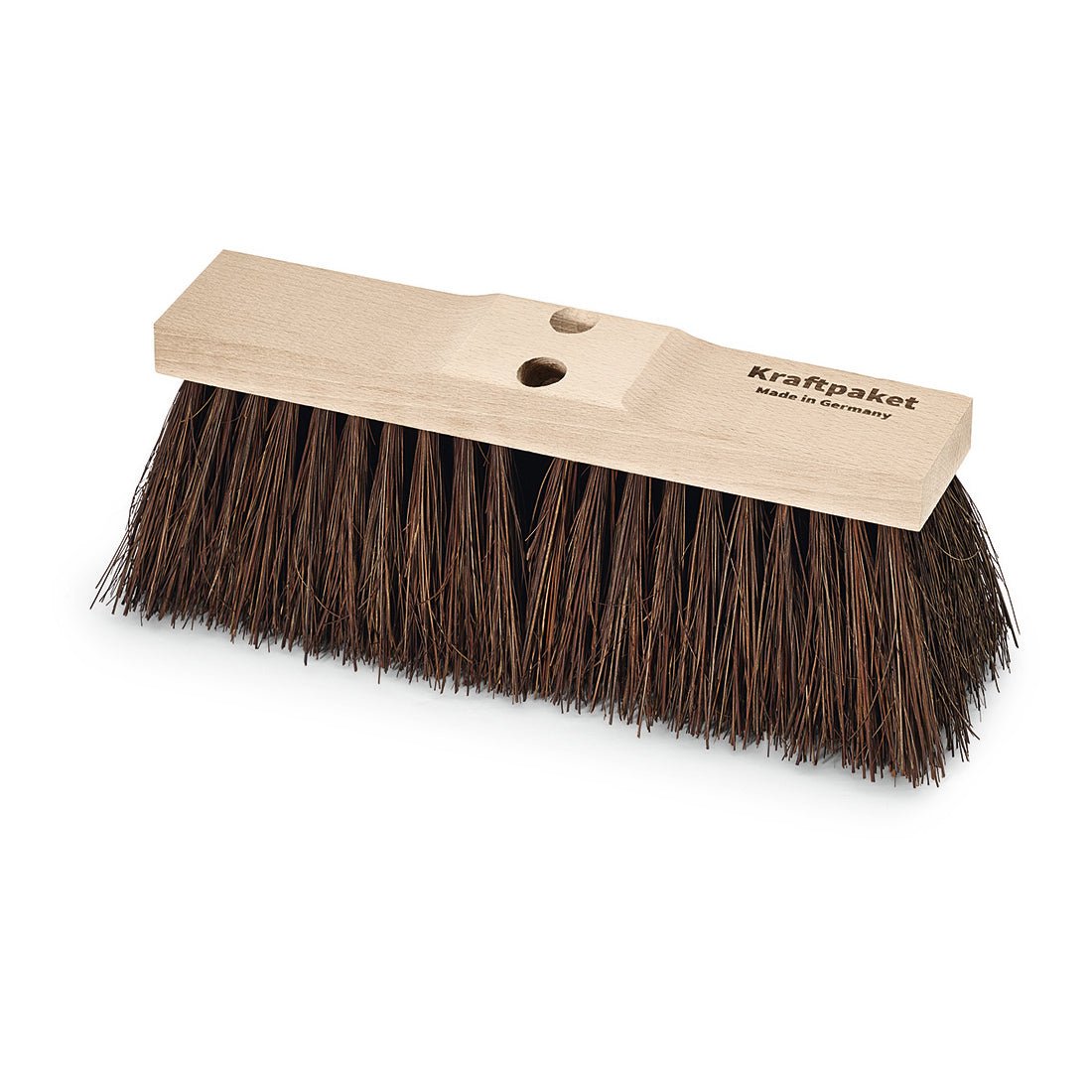 De Nölle Profi Brush Straatbezem Piassava 40 cm kenmerkt zich door dichte, grove bruine borstelharen (125 mm snijlengte) en een lichte houten houder met twee stokgaten, "Krachtpakket"-opdruk en meesterkwaliteit van Nölle Profi Brush Borstel- & Pinseltechniek e.K.