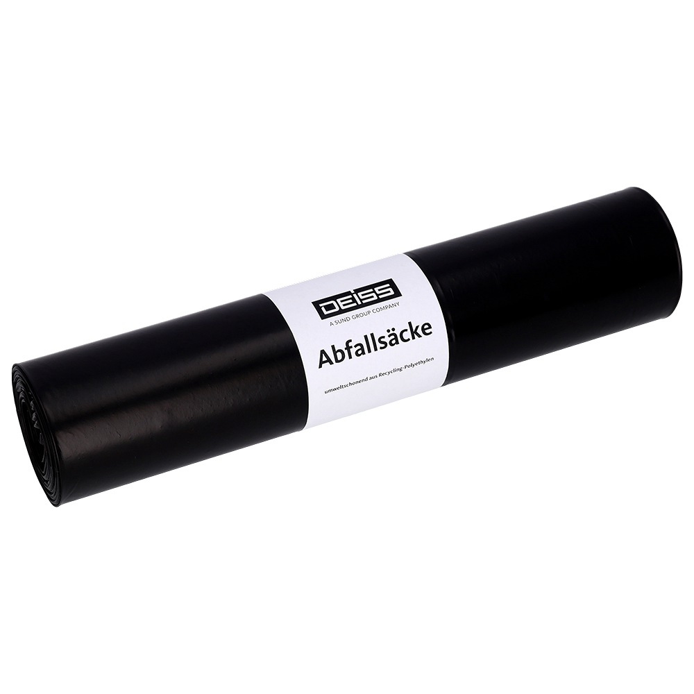 Een rol EMIL DEISS KG (GmbH + Co.) DEISS 25002 zwarte vuilniszakken (500+200x1100x0,1 mm, 10 stuks) met wit "DEISS Afvalzakken" etiket voor een eenvoudige, lichtgrijze achtergrond - veelzijdig inzetbaar.