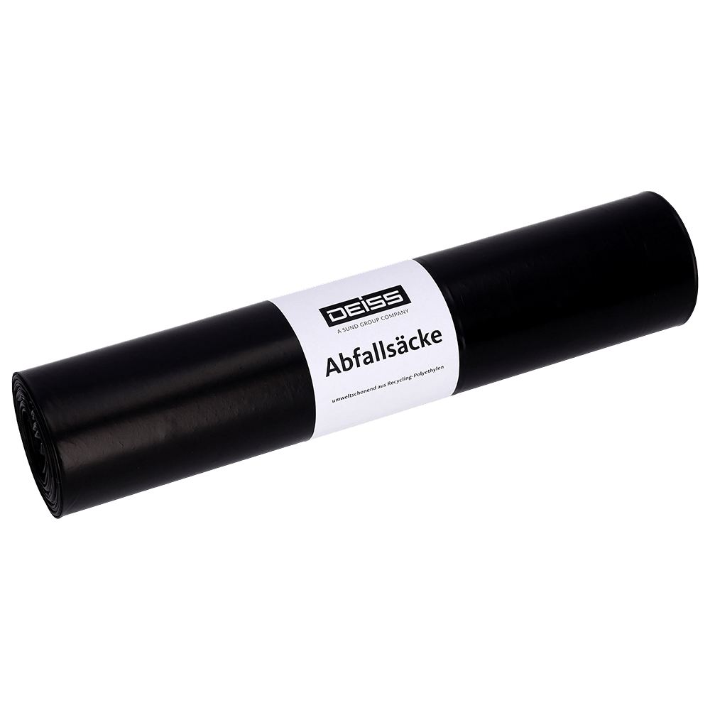 L'image montre un rouleau de sacs poubelle EMIL DEISS KG (GmbH + Co.) DEISS 25070, 700x1100 mm type 60 noir, rouleau (25 pièces), sur un fond gris clair uni.