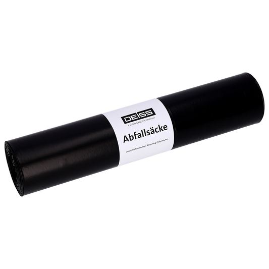 Abgebildet ist eine Rolle EMIL DEISS KG (GmbH + Co.) DEISS 25070 Müllsäcke, 700x1100 mm Typ 60 schwarz, Rolle (25 Stück), auf einfarbig hellgrauem Hintergrund.
