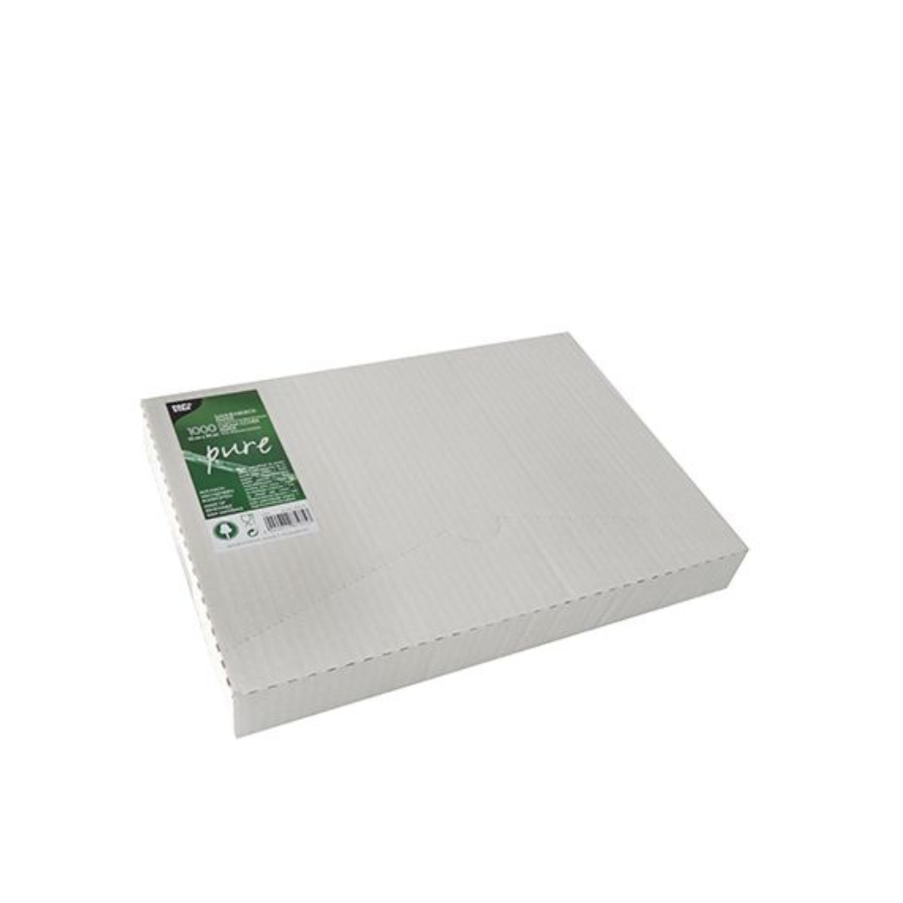 Illustrée est une boîte distributrice fermée, blanche PAPSTAR GmbH (1000 pièces) avec du papier de couverture de crème "pure" 32x22 cm avec revêtement de cire de palme sur un fond blanc uni ; la boîte porte une étiquette vert-blanc avec des symboles de recyclage.