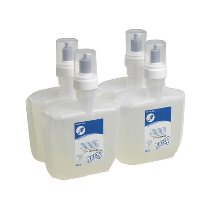 Vier Scott® Control™ Schuim-handreiniger patronen van Kimberly-Clark GmbH zijn in een verpakking samengevoegd, elk met een duidelijk ontwerp en een veilige sluiting om effectieve handhygiëneprotocollen te ondersteunen. (De verpakking bevat 4 stuks.).