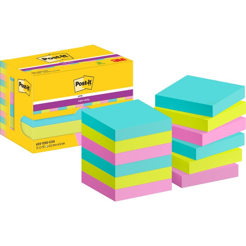 Een gele doos Post-it® Super Sticky Notes (47,6 mm x 47,6 mm, 90 vel/blok, 100% PEFC) van 3M Deutschland GmbH staat naast tien stapels vierkante blauwe, gele en roze notities met Post-it- en 3M-logo's.