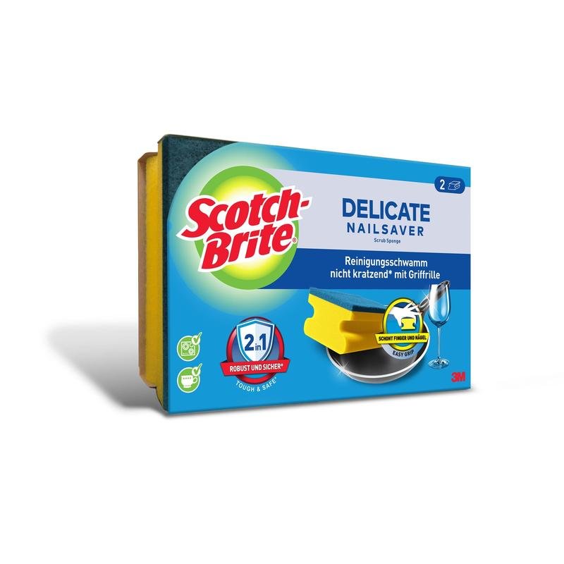Een doos Scotch-Brite® Delicate niet-krassende greepspons van 3M Deutschland GmbH, in blauwe en groene verpakking met productafbeeldingen. Elke gele spons heeft een greepairbeelding, ideaal voor gevoelige oppervlakken.