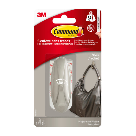 Ein 3M Deutschland GmbH Command™ Medium Designer-Haken in Metall-Look (17081BN), Einzelverpackung, hält bis zu 1,3 kg - ideal zum Aufhängen von Gegenständen wie Handtaschen.