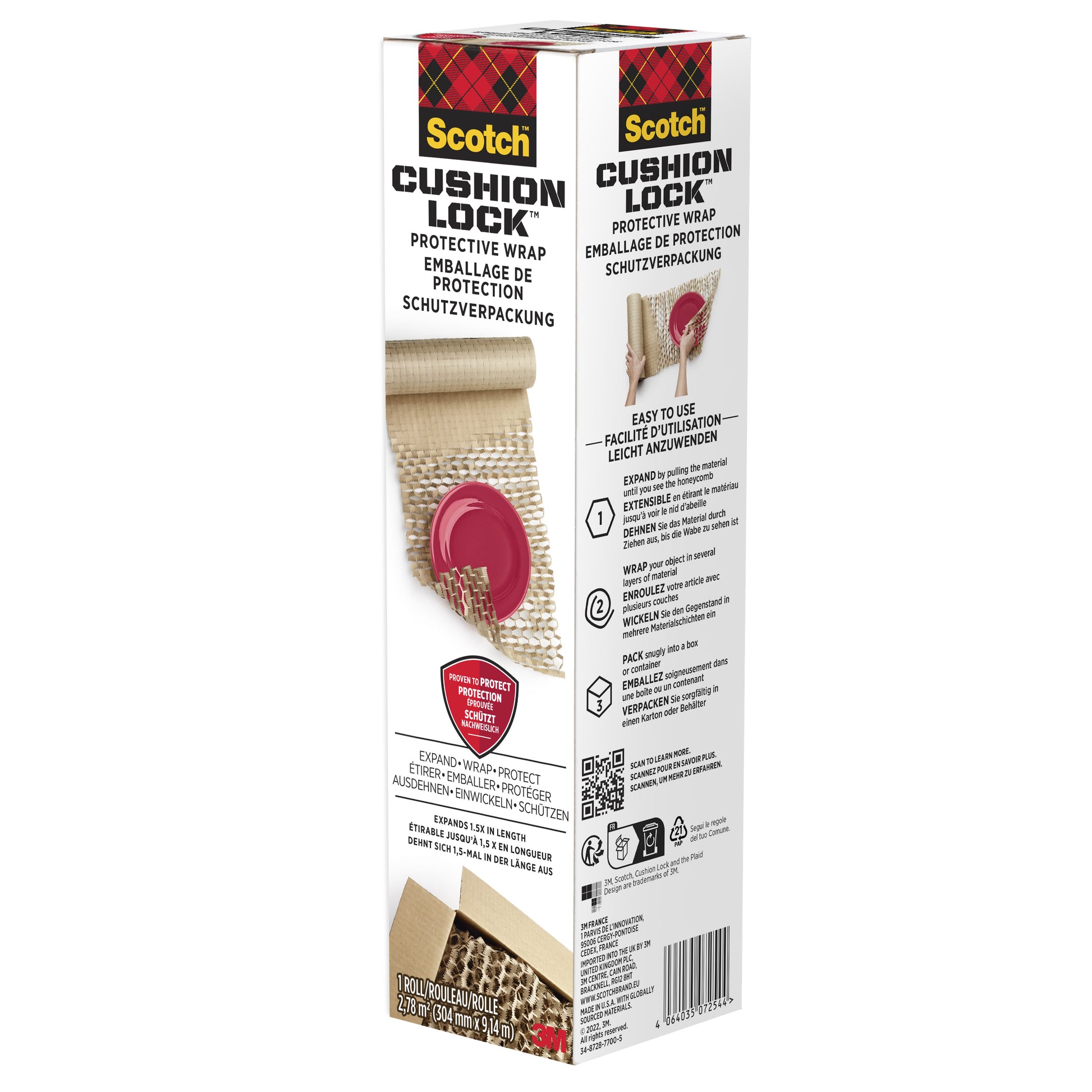 Eine rechteckige Schachtel Scotch™ Cushion Lock™ Schutzverpackung (30,4 cm x 9,14 m, 1 Rolle/Packung) der 3M Deutschland GmbH ist aufrecht abgebildet und zeigt die Wickelrolle, das Branding, die Eigenschaften und die mehrsprachige Anleitung.