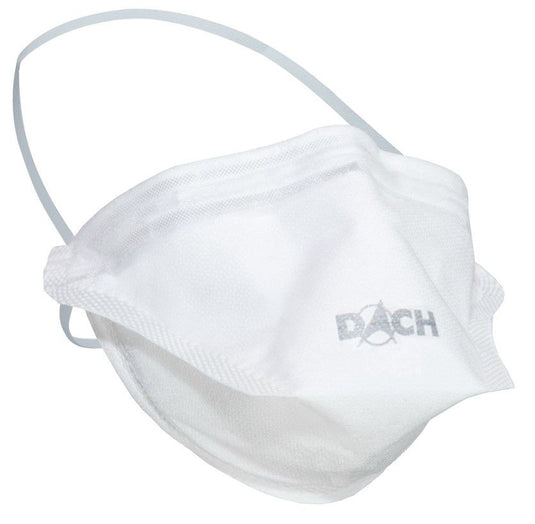 Wit wegwerpmasker ubiQ®³ FFP3 NR D & Type IIR van DACH Schutzkleidung GmbH & Co. KG met hoofdband, ontworpen voor betrouwbare arbeidsveiligheid; verpakt in een doos met 18 verpakkingen.