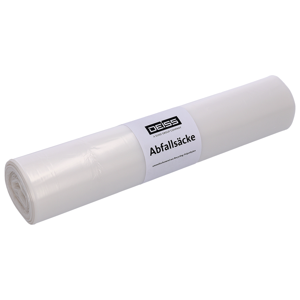 Eine Rolle transparenter DEISS Abfallsäcke aus Recycling-LDPE (120 l, 25 Stück) der EMIL DEISS KG (GmbH + Co.), verpackt in Kunststoff mit einem Etikett mit der Aufschrift "DEISS Abfallsäcke" in schwarzer Schrift auf weiß.